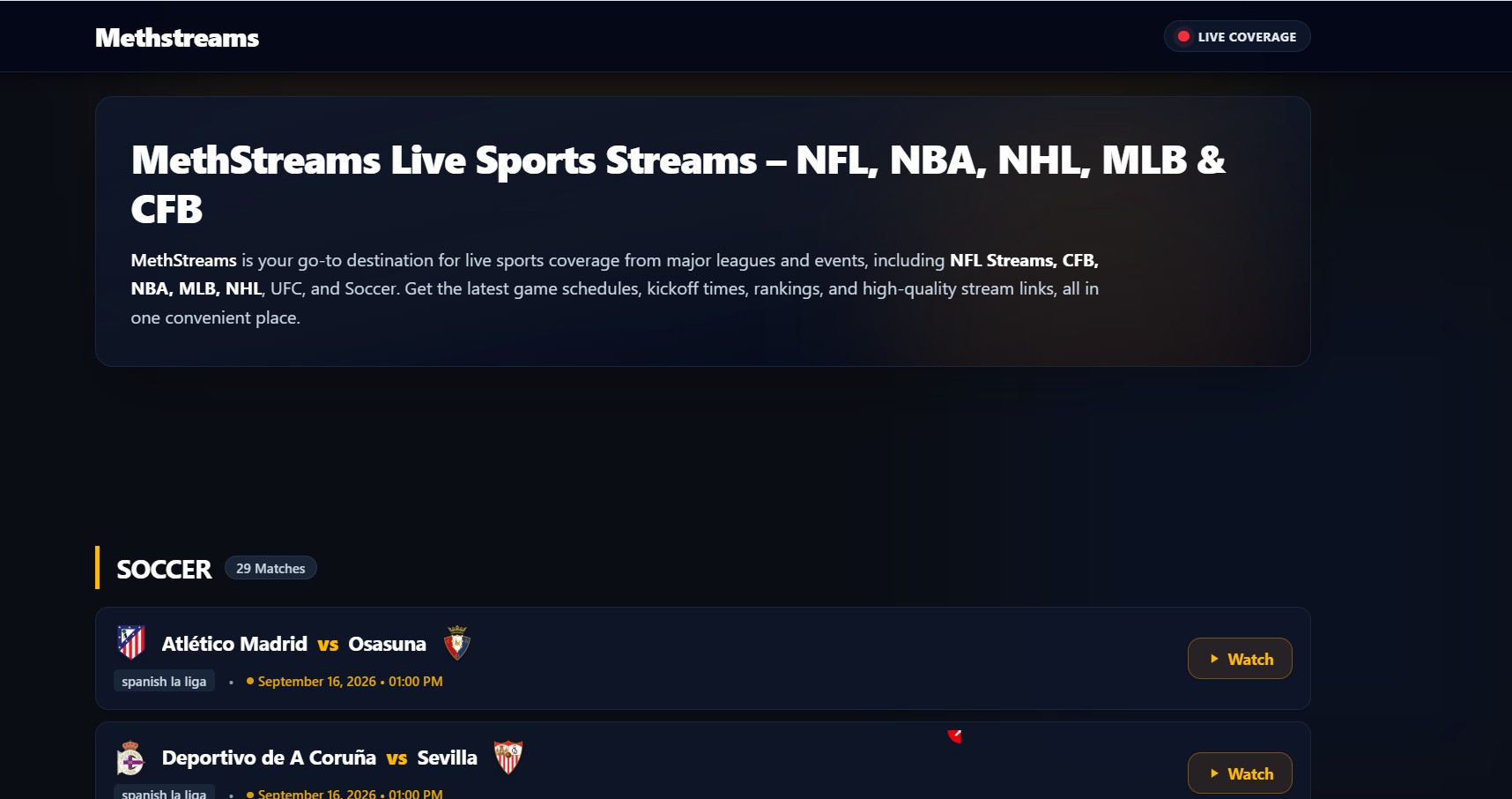MethStreams, BuffStreams and CrackStreams live sports schedule and guide